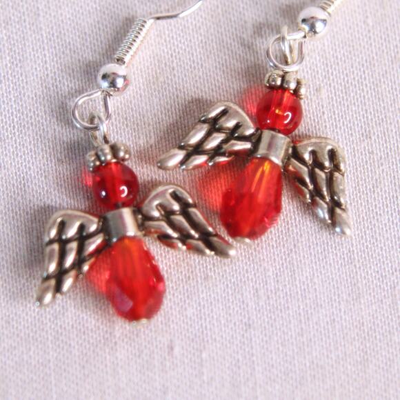 Little Dangling Angel Earrings Pierced Red Faceted Stone Silver Tone - Picture 7 of 9